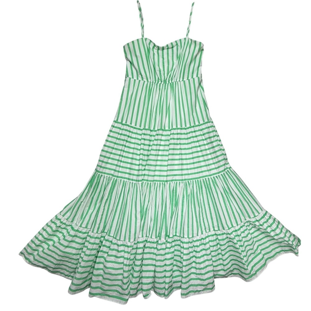 AQUA Cotton Tiered Maxi Dress Medium Green Stripe Square Neck Sleeveless Resort - Picture 5 of 14